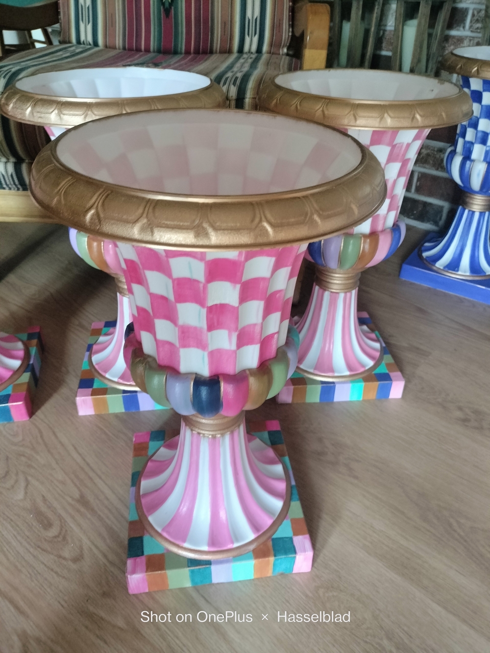 Pair (2) Of Checkered Multi-Color Urn Planters 20 X 12" Hand Painted By Me - Picture 4 of 4